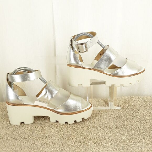 BP. Women's sz 8M Silver Sandals, Chunky Platform Block Heel Strappy Party Shoes - Picture 3 of 10